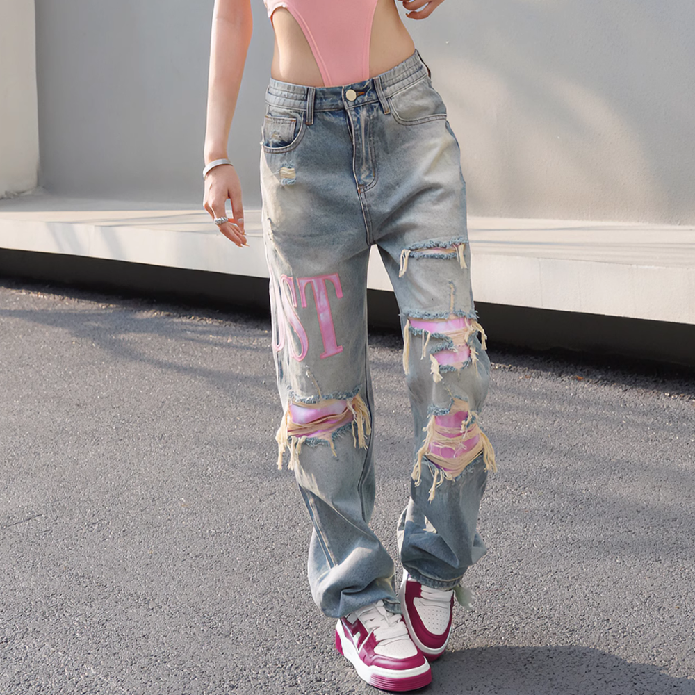 Women's Hip Hop Pink Ripped Jeans AokLok (Kclot)