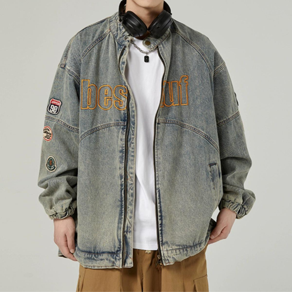 Retro Stand Collar Embroidery Denim Jacket AokLok (Kclot)