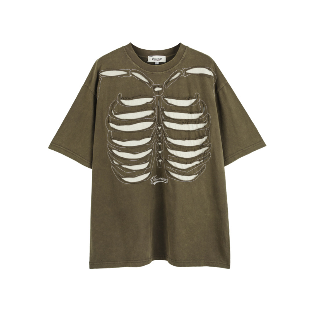 Retro Skeleton Hole Embroidery Oversize T-shirt